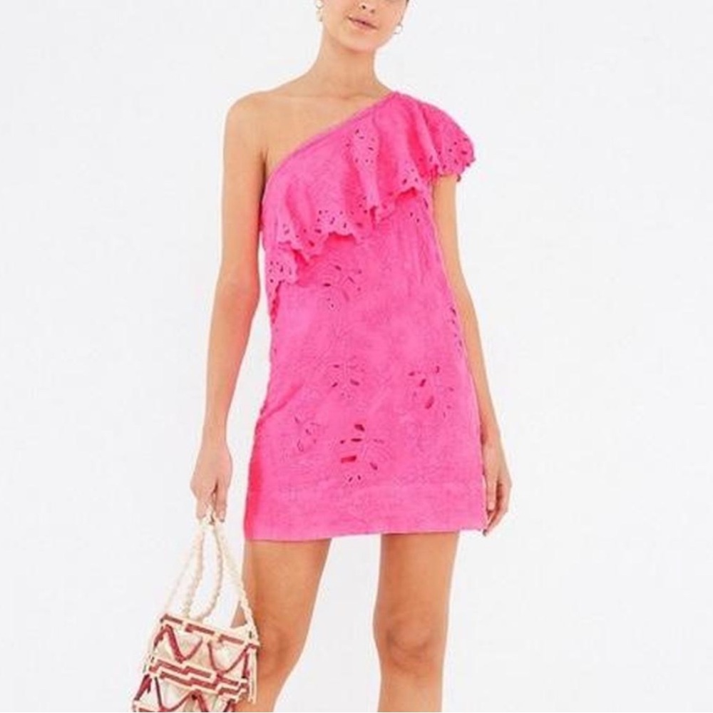 FARM Rio Hot Pink One-Shoulder Eyelet Ruffle Dress - Picture 2 of 9